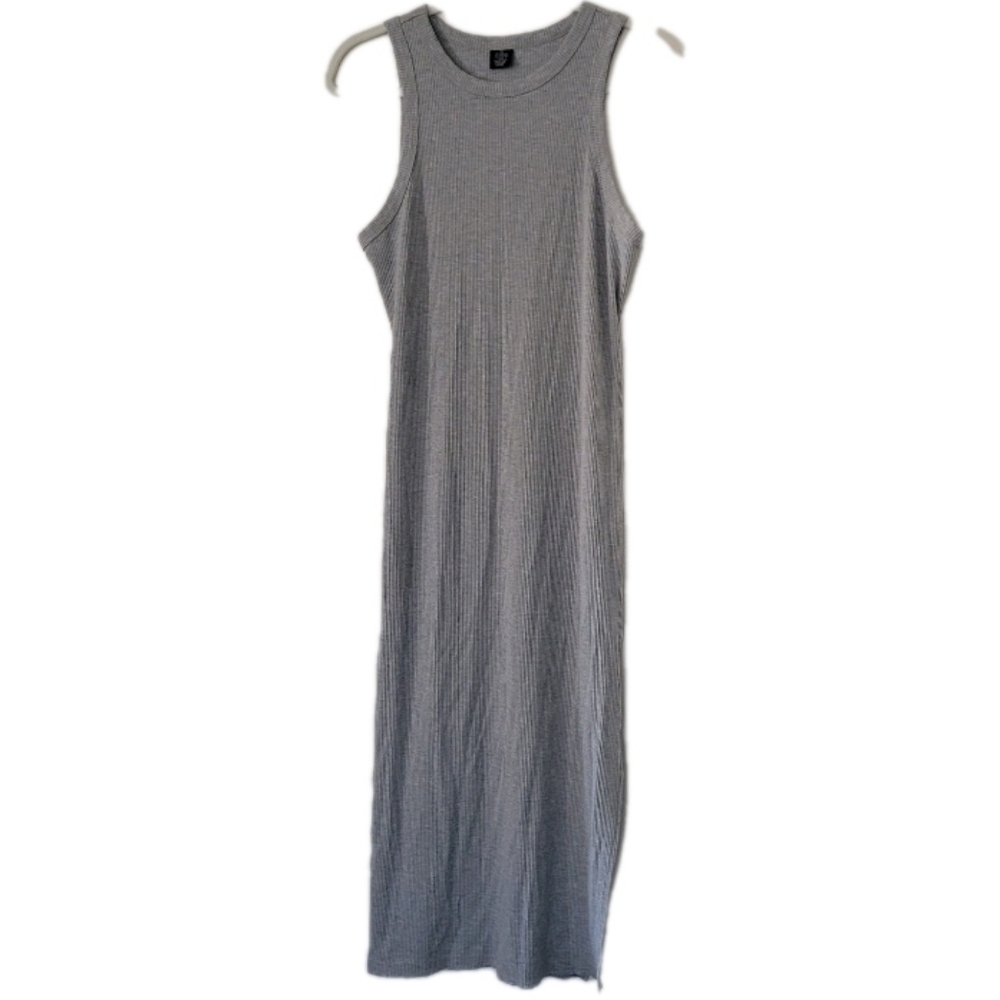 Women's Gray Ribbed Sleeveless Bodycon Midi Dress Size XL Side Slit Strechy Tank